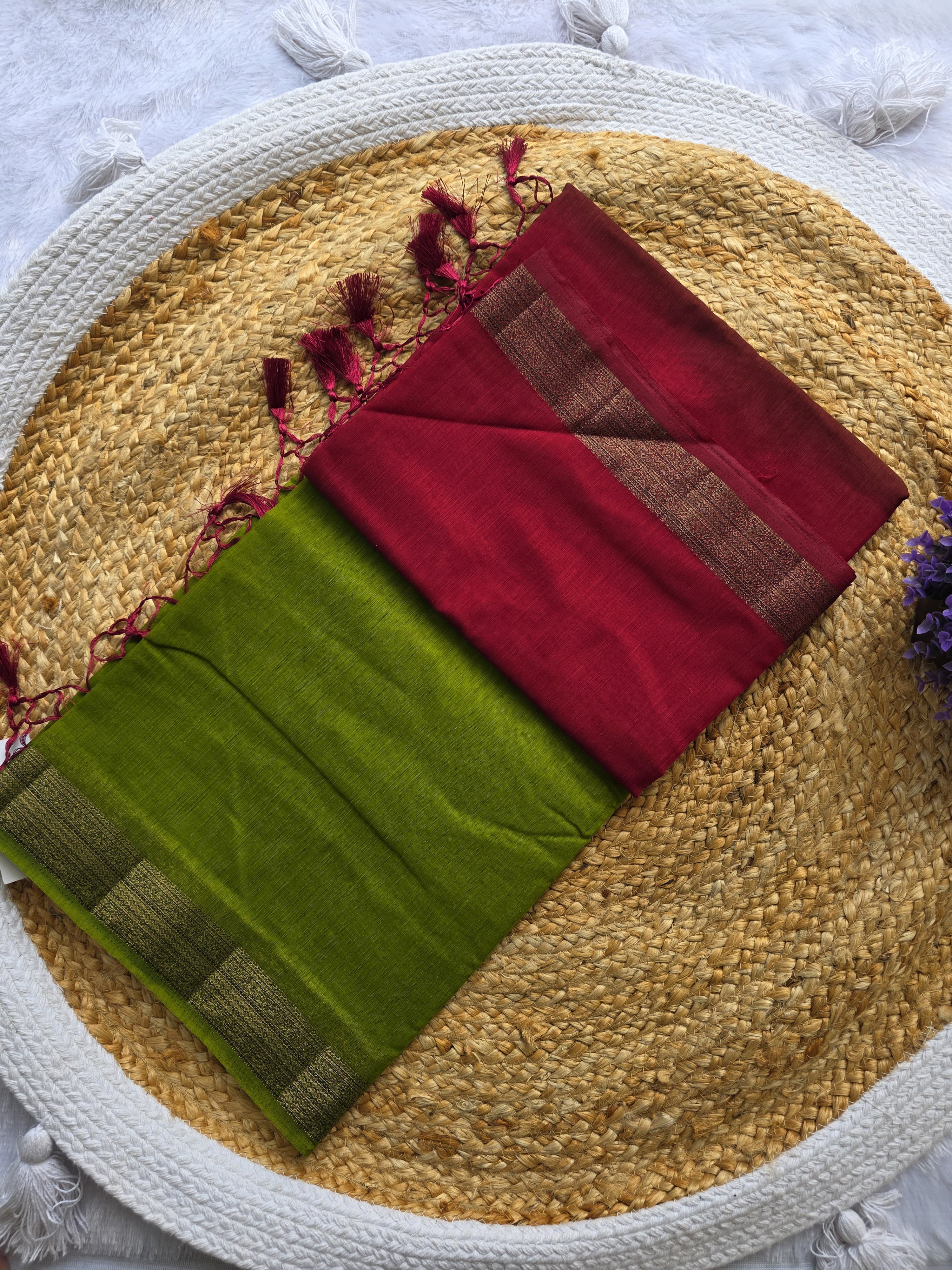 Jute Silk Saree — Maroon & Green