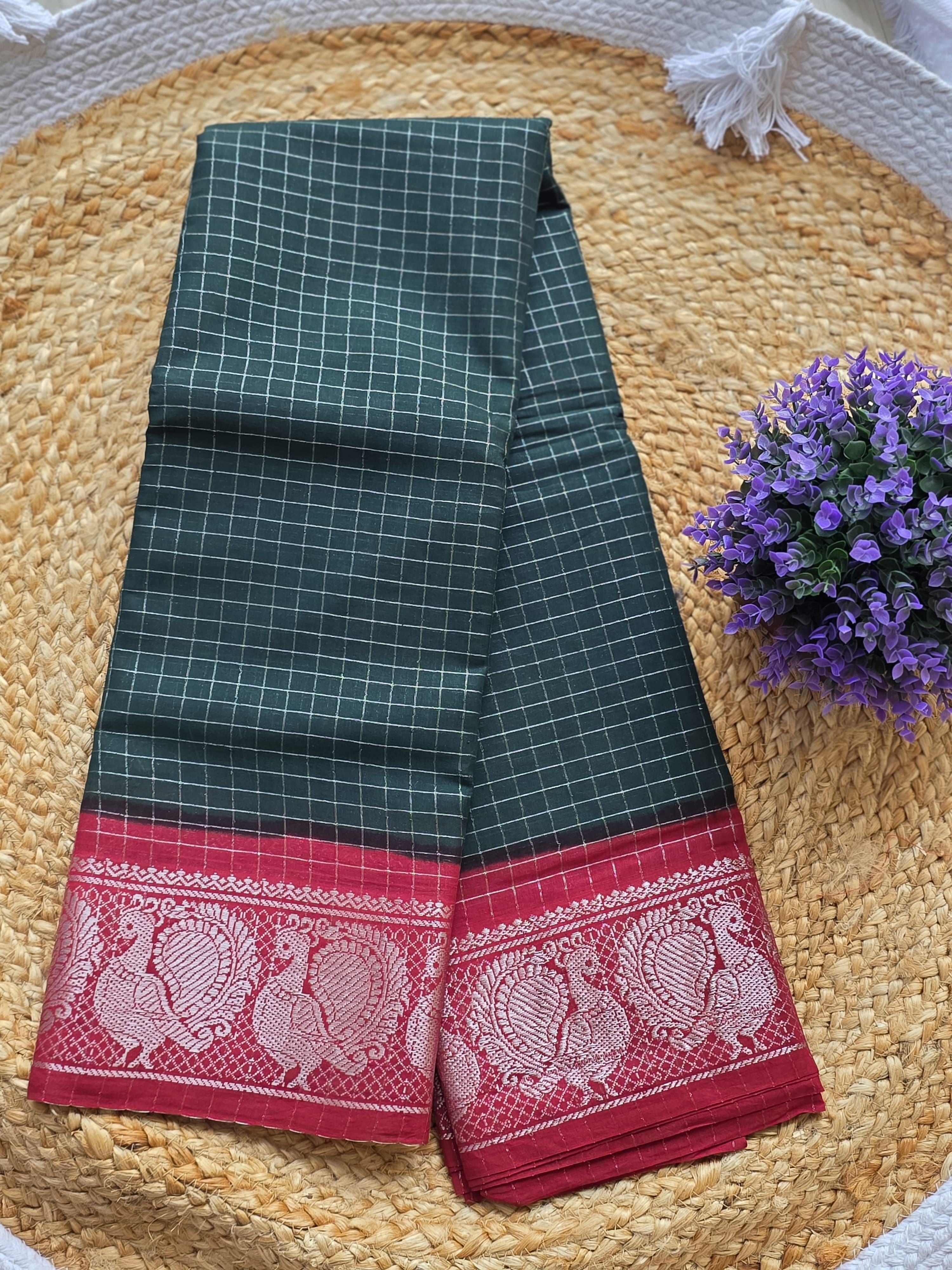 Sungudi Cotton Saree — Black & Red