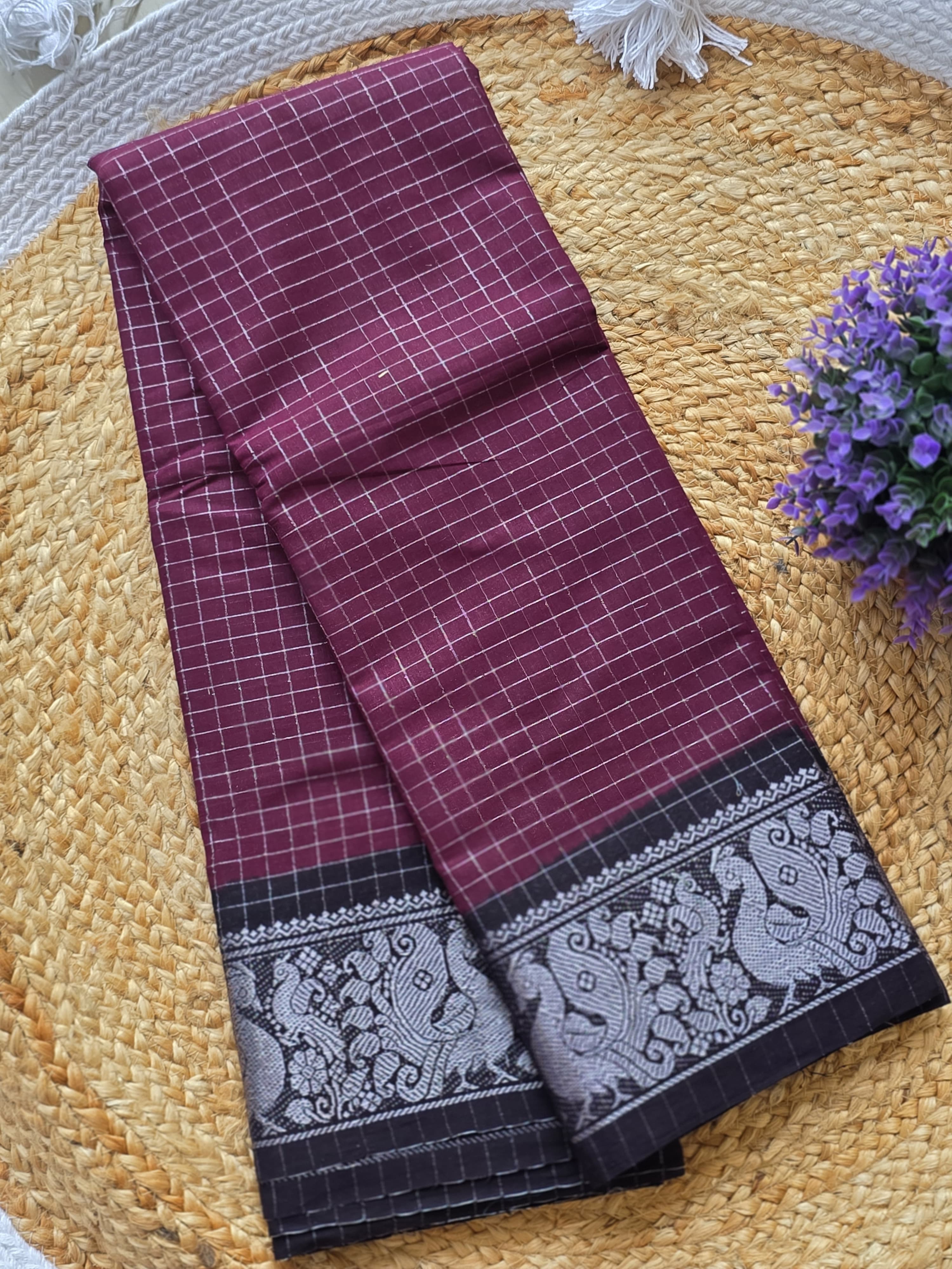 Sungudi Cotton Saree — Wine & Black
